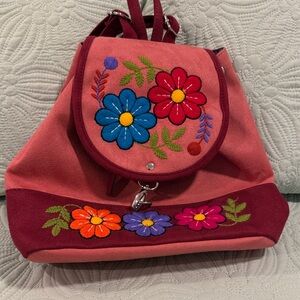 Handmade Peruvian Suede Floral Embroidered Backpack | Pink/Burgundy (NWOT)